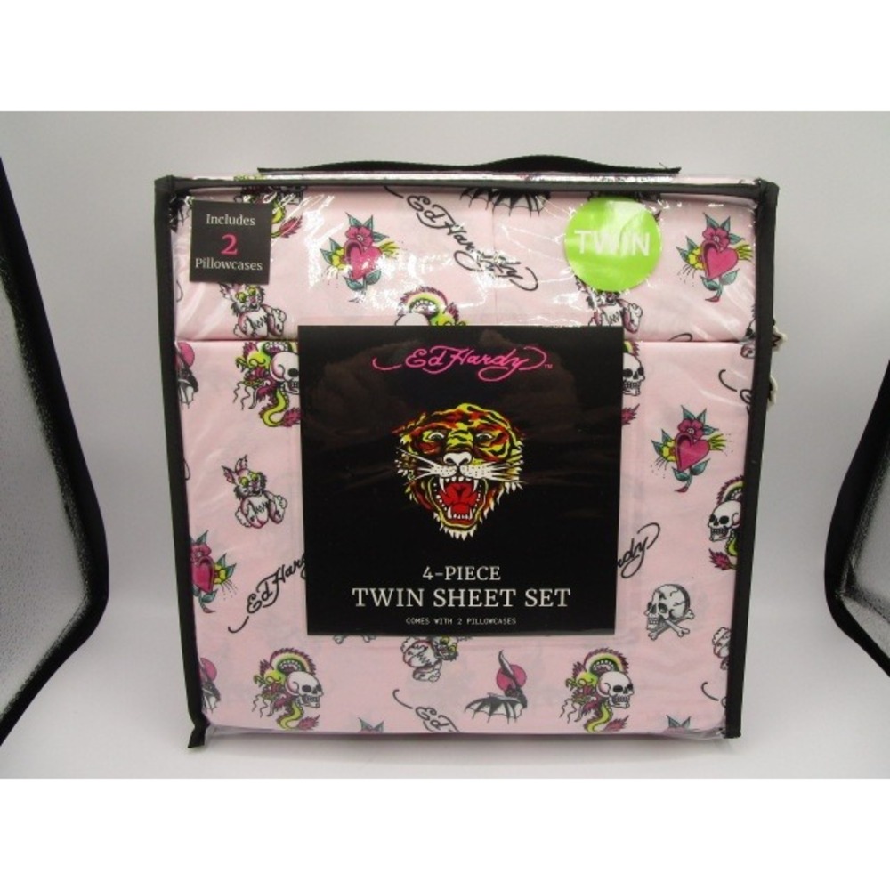 Ed Hardy Twin Sheet Set 4 Piece Pink Tattoo Print Skulls Hearts Y2K Bedding